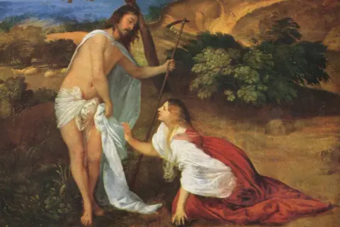 Maria Magdalena, klęcząca u stóp zmartwychwstałego Chrystusa, symbolizuje wiarę i oddanie.