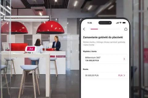 Zamawianie gotówki w oddziale Banku Millennium. Aplikacja mobilna pozwala wybrać konto i wpisać kwotę wypłaty.
