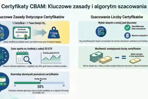Kluczowe zasady CBAM: 1 certyfikat to 1 tona CO2. Cena oparta na aukcjach EU ETS. Obowiązek posiadania certyfikatów kwartalnie.
