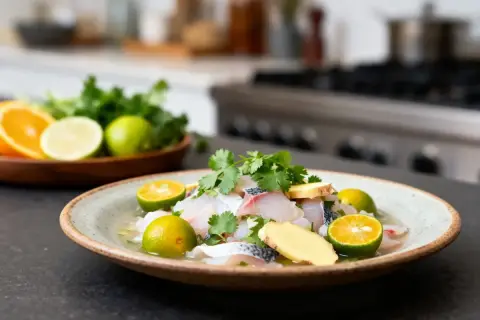 Un plat frais de ceviche de daurade, garni de coriandre, de gingembre et de citrons verts, prêt à être dégusté.