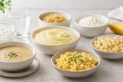 Miękkie jedzenie w dziurze po zębie: puree ziemniaczane, jajecznica, makaron serowy, jogurt, zupa, twaróg, jabłko, banan i woda.