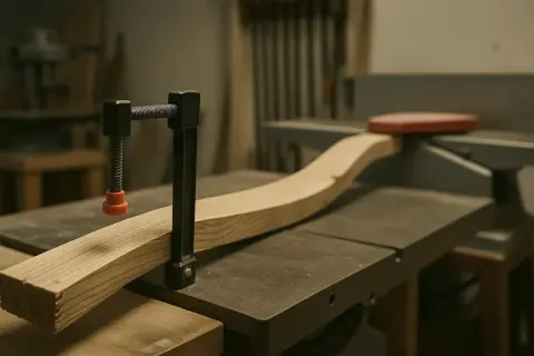 Abrazadera sujetando madera curva sobre una sierra de mesa, un paso clave para aprender como enderezar madera y lograr piezas perfectas.