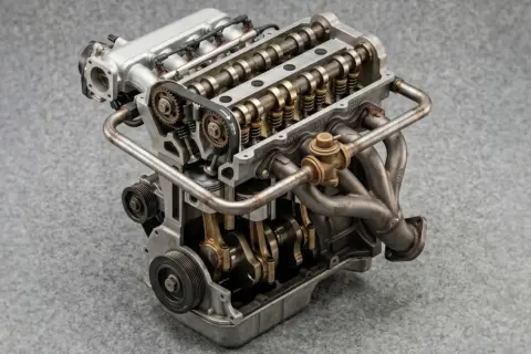 Motore a benzina con distribuzione a cinghia e valvole a vista. L'olio motore ACEA C3, significato di alta qualità, protegge questi componenti.