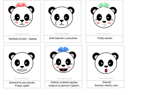 Dzień pandy w przedszkolu: pandy ćwiczą miny: kląskanie, robienie baloników z policzków, całuski, uśmiech, dotykanie językiem zębów i ziewanie.