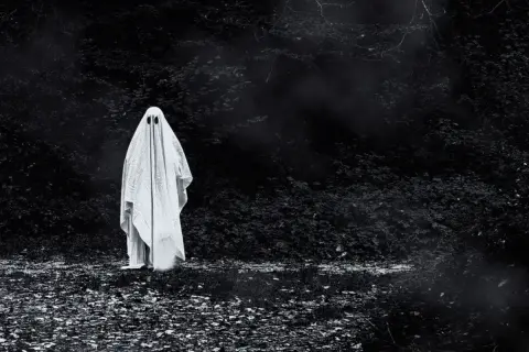 Widmo w lesie, jak z horrorów na faktach o duchach. Ciemność, liście i przerażająca postać w bieli.