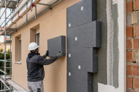Operaio applica pannelli isolanti su facciata. Un esempio concreto di etics significato: costruire in modo sostenibile per il futuro.