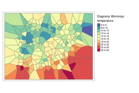 Diagram Woronoja pokazujący interpolację temperatury. Obszary o niższych temperaturach są niebieskie, a o wyższych czerwone.