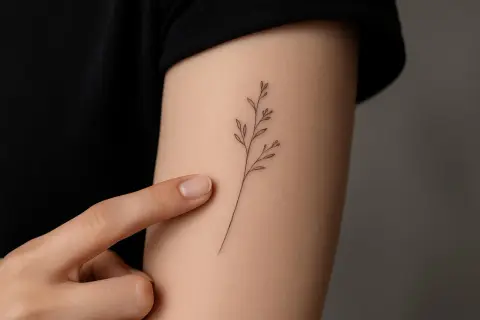 Zarter Zweig als Fineline Tattoo am Handgelenk. Ein Finger berührt sanft die Haut neben dem filigranen Motiv.