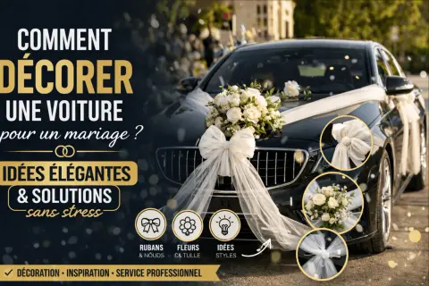 Comment faire décoration voiture mariage : idées élégantes pour un jour parfait. Voitures ornées de fleurs et rubans blancs.