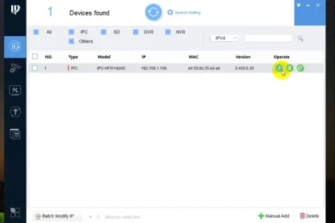 Lista urządzeń znalezionych przez dmss. Widoczna kamera IPC-HFW1420S z IP 192.168.1.108.