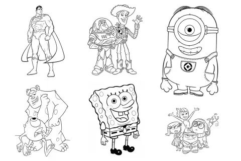 Láminas para colorear: Superman, Buzz y Woody, Minion, Mike y Sully, Bob Esponja y personajes de Intensamente. Ideal para como pintar un niño de 3 años.