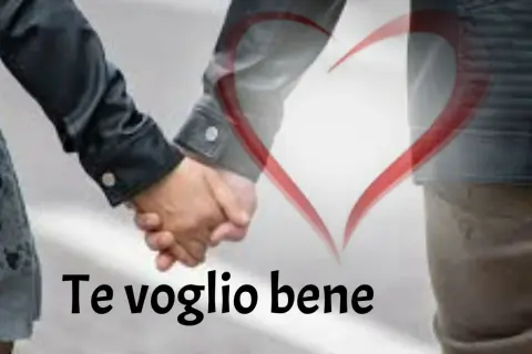 Mani che si stringono, un cuore rosso e la scritta "Te voglio bene assaje significato". Un amore profondo.