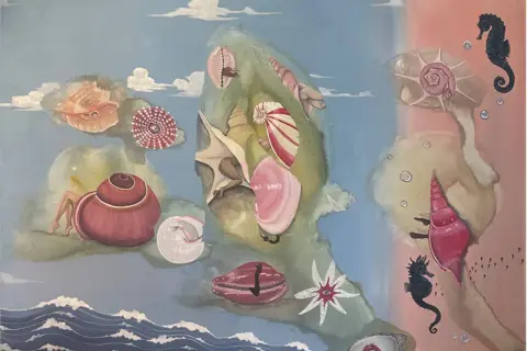 A surreal seascape with shells, seahorses, and human legs emerging from shells, reminiscent of female surrealist painters' dreamlike visions.