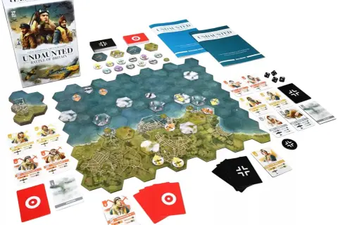 Plansza gry "Undaunted: Battle of Britain" z heksagonalnymi polami, kartami pilotów i samolotów, kostkami i żetonami.