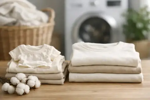 Ein kleiner Baby-Strampler und gefaltete Kleidung aus Baumwolle liegen auf einem Holztisch. Die Frage, ob Baumwolle beim Waschen eingeht, wird hier visuell thematisiert.