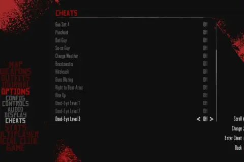 Menu gry RDR2 z opcjami aktywacji kodów, np. "Dead-Eye Level 3".