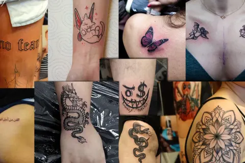 Kolekcja tatuaży: smok, motyl, aniołki, napis "no fear", uśmiechnięta twarz z dolarem, wąż, kwiat. Niektóre z nich mogą być symbolem cierpienia.