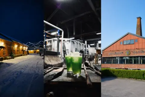 Vinterkväll vid Rejmyre hantverksby, gröna drinkar i en verkstad och Rejmyre Glasbruks fasad.