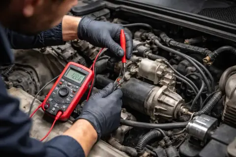 Mécanicien vérifiant le fusible démarreur avec un multimètre rouge dans un compartiment moteur.