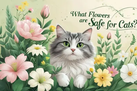 A fluffy cat with green eyes peeks through a garden of colorful flowers, asking "What Flowers are Safe for Cats?
