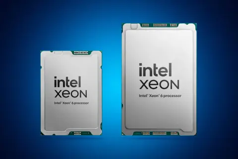 Dos procesadores Intel Xeon 6, uno más pequeño que el otro, sobre fondo azul.