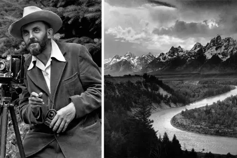 Ansel Adams, il miglior fotografo al mondo, con la sua macchina fotografica e un paesaggio montano mozzafiato.