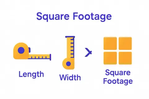 Illustration showing how to measure for tile: tape measure for length, ruler for width, leading to square footage represented by four orange squares.