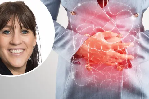 Kvinna med blå ögon ler, hennes mage visas med en illustration av tarmarna som lyser rött, vilket symboliserar besvär med colon irritabile.