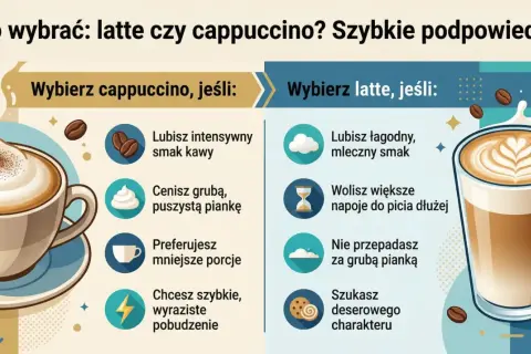 Porównanie latte i cappuccino: wybierz cappuccino dla intensywnego smaku i grubej pianki, latte dla łagodności i większych porcji.
