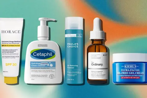 Routine de soins pour homme : hydratant matifiant, nettoyant, sérum et crème pour lutter contre l'excès de sébum.