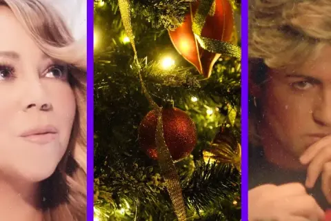 Mariah Carey i George Michael, ikony piosenek świątecznych Last Christmas, na tle choinki.