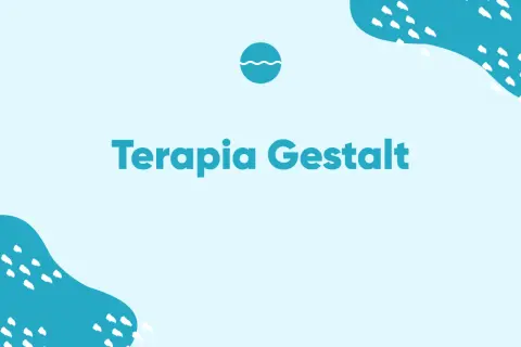 Niebieskie tło z falistymi kształtami i białymi kropkami. Na środku napis: Terapia Gestalt.