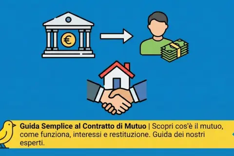 Illustrazione di un mutuo: banca, persona con denaro, stretta di mano per una casa. Guida al piano di ammortamento italiano.