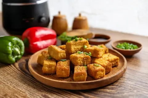 Chrupiące tofu z airfryera, posypane sezamem i szczypiorkiem, obok papryk i sosu.