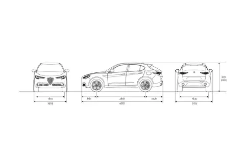 Alfa Romeo Stelvio wymiary: szerokość 1903 mm, długość 4687 mm, wysokość 1671 mm.