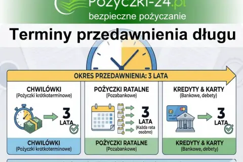 Grafika wyjaśnia terminy przedawnienia długu: chwilówki, pożyczki ratalne i kredyty/karty mają 3 lata na przedawnienie.