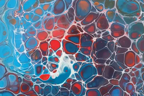 Peinture abstraite aux couleurs vives, évoquant des bulles d'air ou des cellules. Des formes rondes rouges, bleues et oranges sont séparées par un réseau blanc.