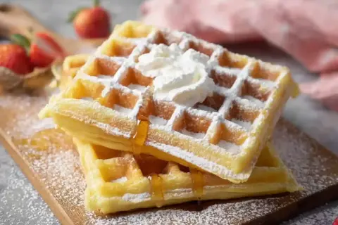 Zwei goldbraune belgische Waffeln, bestäubt mit Puderzucker und garniert mit Schlagsahne und Sirup. Daneben frische Erdbeeren.