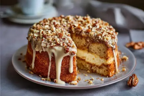 Saftige Nusstorte mit cremigem Guss und gehackten Nüssen, ein köstliches Rezept für jeden Anlass.
