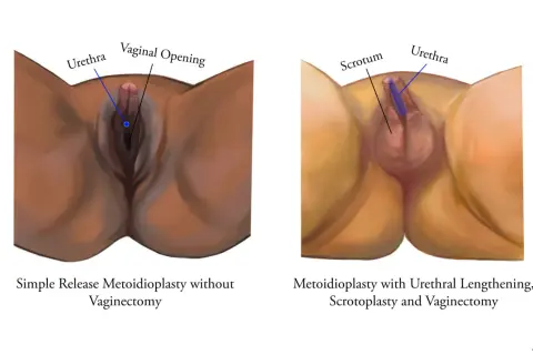 Comparaison de deux procédures chirurgicales pour transformer un pied mâle en femelle : la métoidioplastie simple et la métoidioplastie avec allongement urétral, scrotoplastie et vaginectomie.