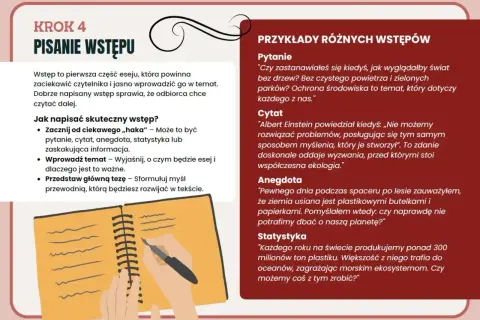 Krok 4: Pisanie wstępu. Jak napisać skuteczny wstęp? Zaczynaj od ciekawego "haka", np. pytania, cytatu, anegdoty. To jak wiersz o wakacjach, który ma zachęcić do dalszego czytania.
