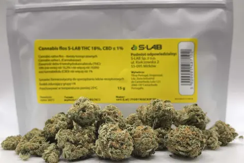 Suszone kwiaty konopi S-LAB THC 18% CBD ≤1% na tle opakowania.