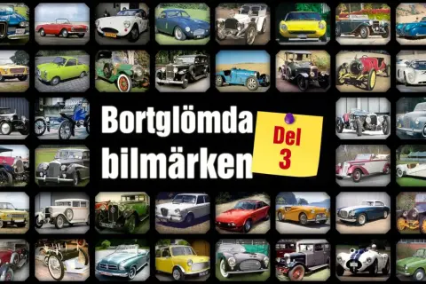 En samling gamla bilar, många bortglömda bilmärken, visas i collageform. Del 3.