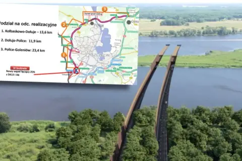 Mapa i wizualizacja pokazują budowę zachodniej obwodnicy Szczecina, w tym tunel pod Odrą i nowy węzeł.