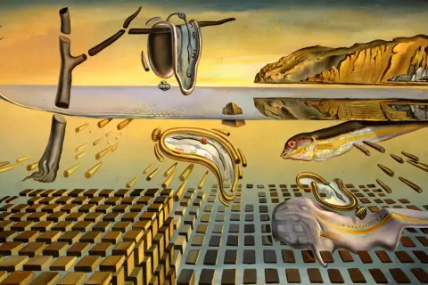 Melting clocks, a fish, and barren trees evoke the surreal Dali meaning of time's fluidity and decay in a dreamlike landscape.