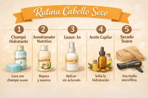 Rutina para cabello seco: champú, acondicionador, leave-in, aceite y secado suave. Una guía para mejorar la forma de pelo.