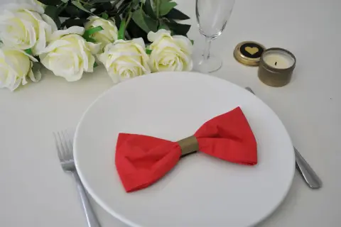 Une assiette blanche ornée d'un pliage serviette noeud papillon rouge. Des roses blanches et une bougie complètent la décoration.
