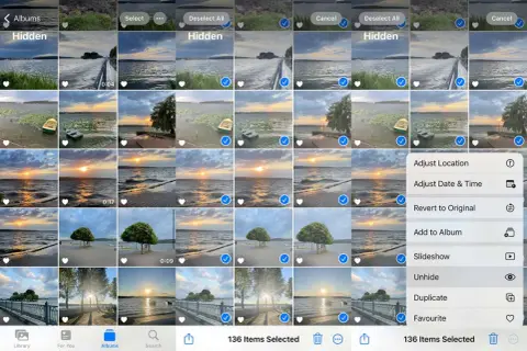 Jak wydrukowac zdjecia z iPhone? Widok albumu ze zdjęciami krajobrazowymi, z zaznaczonymi elementami i menu opcji.