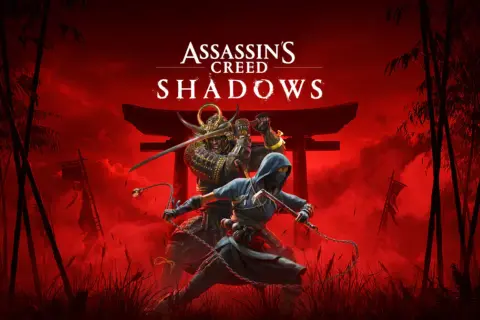 Dwóch wojowników, samuraj i ninja, w dynamicznej pozie na tle czerwonego, mglistego krajobrazu z bambusami.