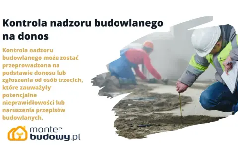 Kontrola nadzoru budowlanego na donos. Pracownik mierzy teren budowy, inny pracownik pracuje w tle.
